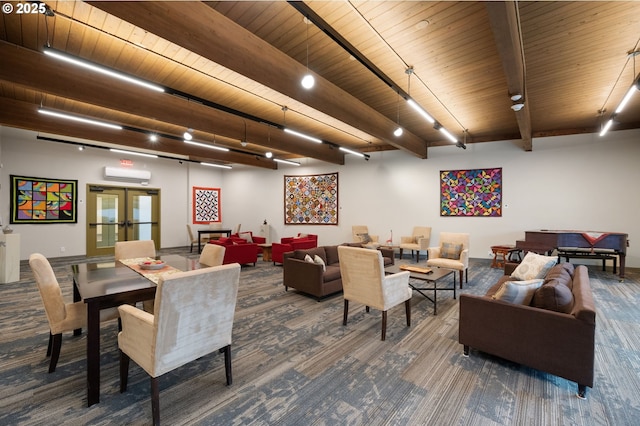 dining space with beam ceiling, french doors, an AC wall unit, and wood ceiling