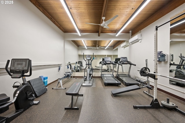 workout area featuring a ceiling fan, wood ceiling, baseboards, and a wall mounted air conditioner