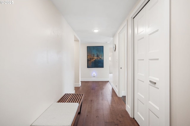 hallway featuring baseboards and dark wood-type flooring