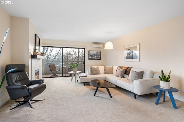 living room with a glass covered fireplace, carpet, and a wall mounted air conditioner