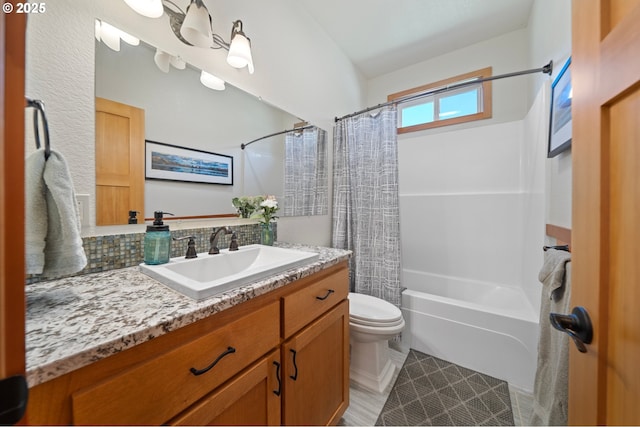 66020 Meissner Rd, Deer Island, OR 97054 - bathroom featuring vanity, shower / bathtub combination with curtain, toilet, and tile patterned floors