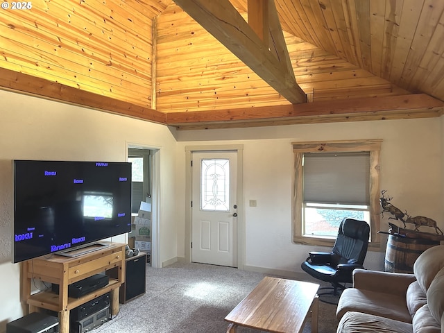 living room featuring carpet, wooden ceiling, high vaulted ceiling, and baseboards