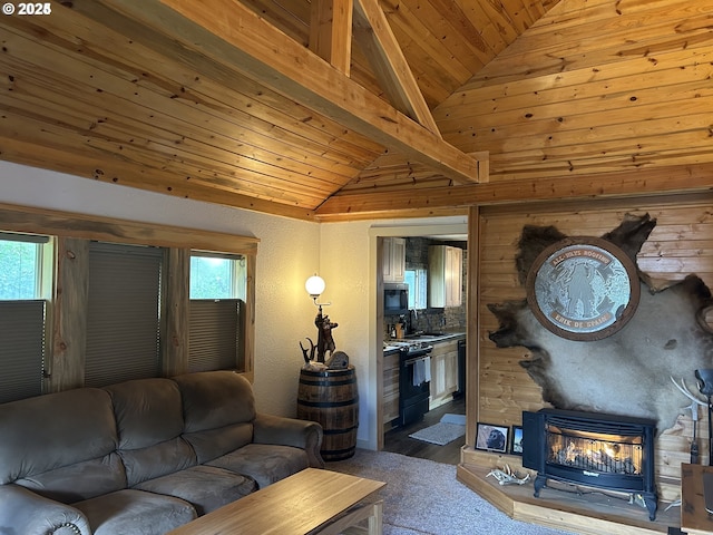 living area featuring wood ceiling, a wood stove, and plenty of natural light