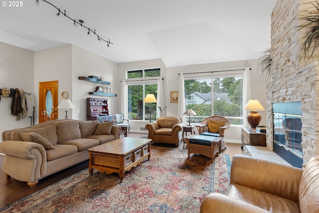 living room featuring a fireplace, baseboards, and wood finished floors