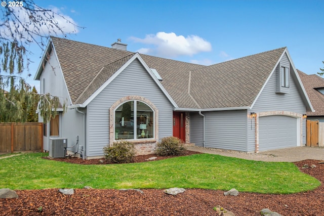 view of front of house featuring central AC unit, an attached garage, fence, roof with shingles, and a chimney