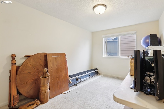 home office featuring a textured ceiling and light colored carpet