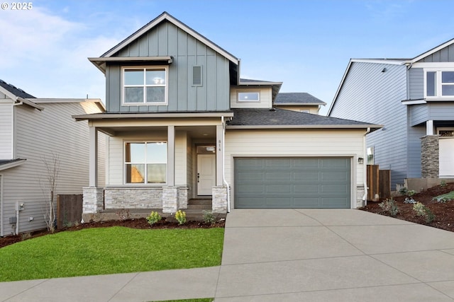 craftsman-style house with a porch, a garage, and a front yard