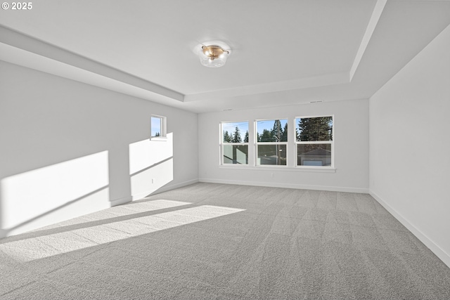 carpeted spare room featuring a tray ceiling