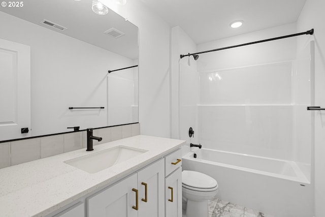 full bathroom with tasteful backsplash, vanity, toilet, and tub / shower combination