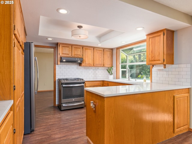 kitchen with appliances with stainless steel finishes, light countertops, dark wood finished floors, a peninsula, and under cabinet range hood