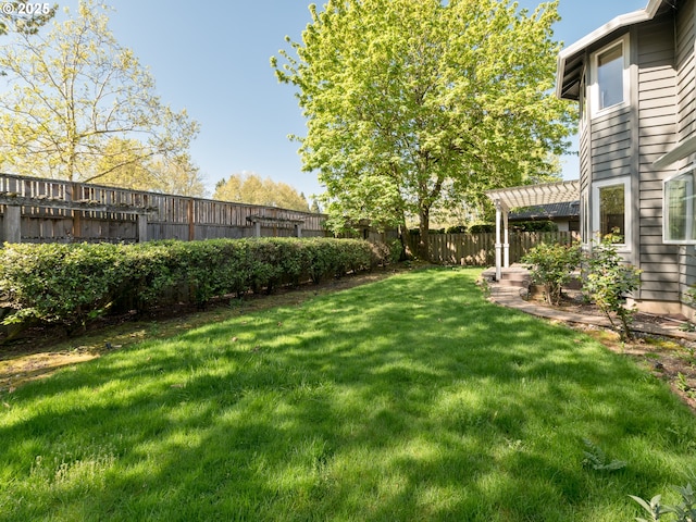 view of yard featuring a fenced backyard and a pergola