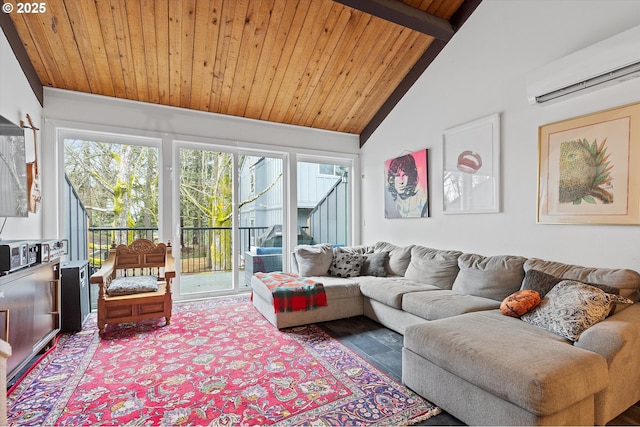 living room featuring lofted ceiling with beams, wooden ceiling, and a wall unit AC