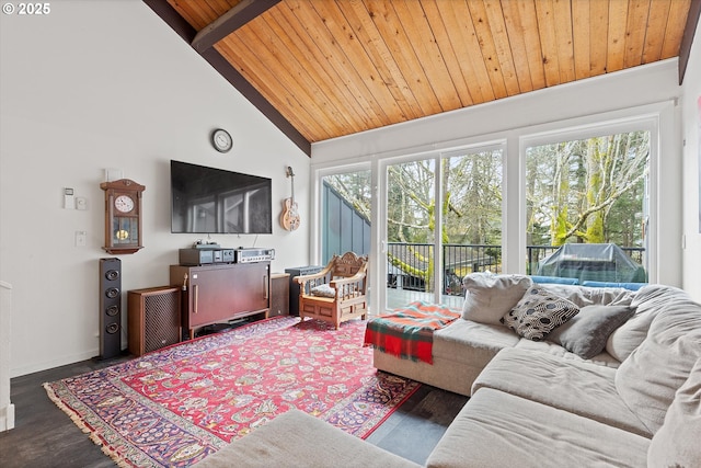 living room featuring beam ceiling, high vaulted ceiling, dark hardwood / wood-style floors, and wood ceiling