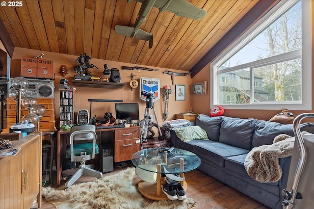 living room with wood ceiling, vaulted ceiling, and hardwood / wood-style floors