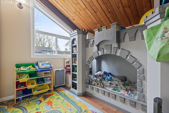 game room featuring wooden ceiling and light wood-type flooring