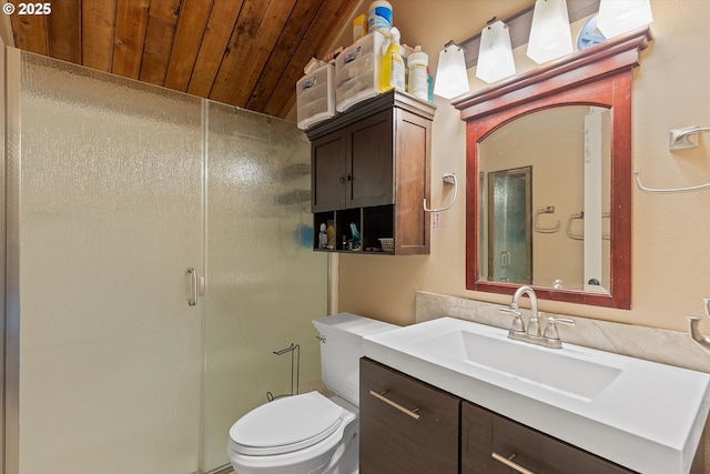 bathroom with vanity, wood ceiling, a shower with door, and toilet