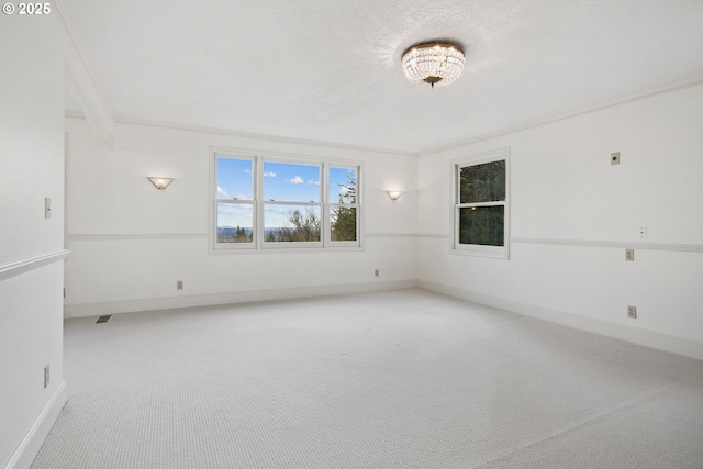 spare room featuring carpet, baseboards, and a textured ceiling