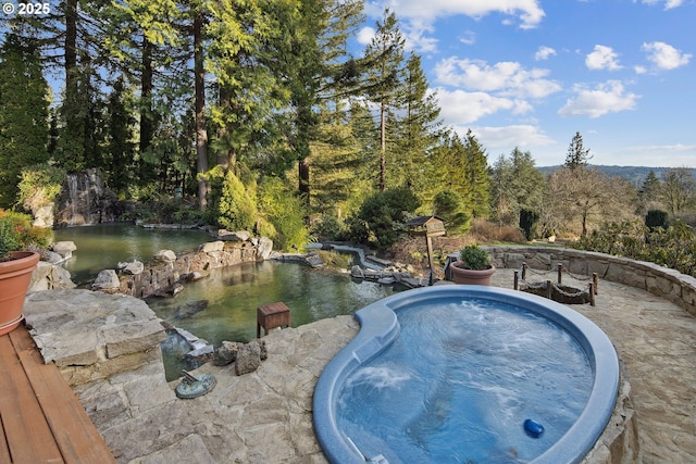 view of swimming pool with a jacuzzi and a small pond