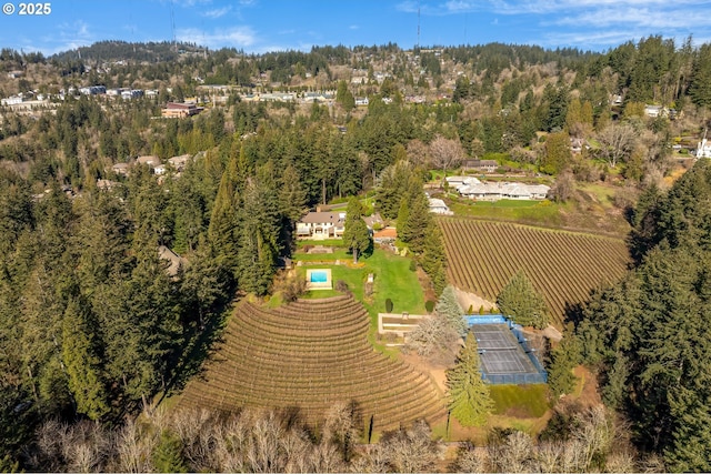 birds eye view of property with a view of trees