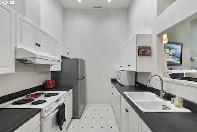 kitchen with sink, white appliances, and white cabinets