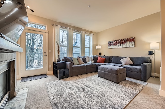 living room featuring light carpet