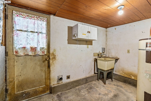 645 W 27th Pl, Eugene, OR 97405 - laundry room with hookup for an electric dryer, wood ceiling, water heater, and cabinet space