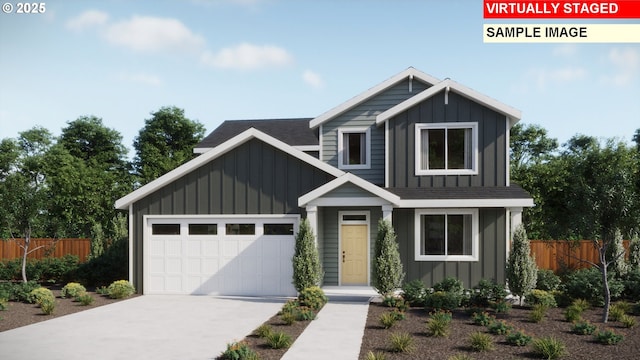 view of front of home with driveway, board and batten siding, an attached garage, and fence