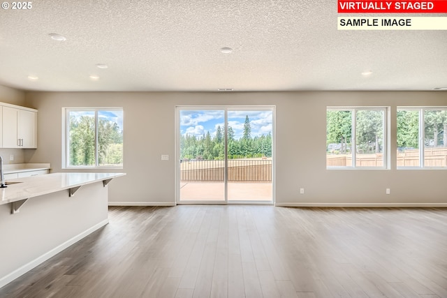 unfurnished living room with a healthy amount of sunlight, a textured ceiling, and light hardwood / wood-style floors