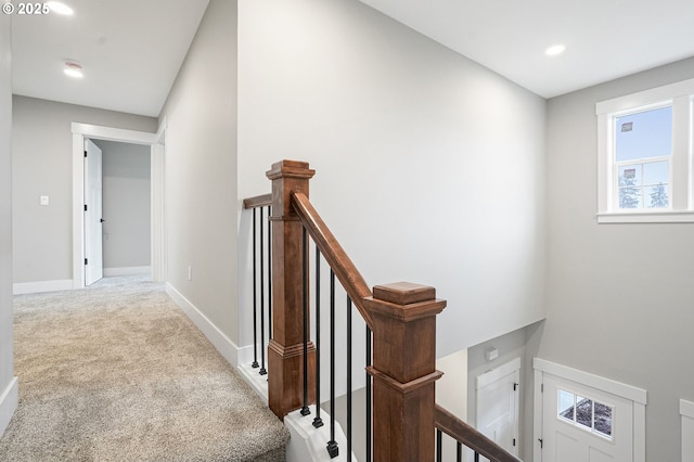 195 Iowa St, Silverton, OR 97381 - corridor featuring carpet floors, recessed lighting, baseboards, and an upstairs landing