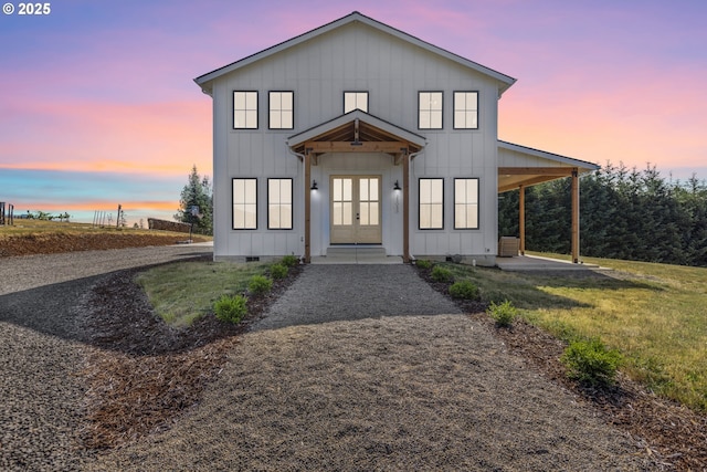 25053 Larson Rd, Monroe, OR 97456 - modern farmhouse with french doors, board and batten siding, and crawl space