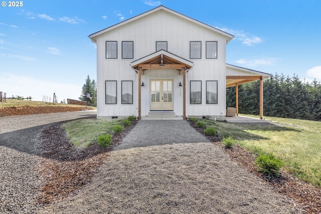 25053 Larson Rd, Monroe, OR 97456 - modern farmhouse with french doors, board and batten siding, and crawl space