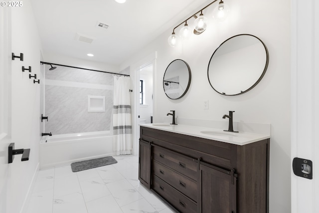 25053 Larson Rd, Monroe, OR 97456 - full bath featuring double vanity, shower / tub combo with curtain, recessed lighting, and marble finish floors