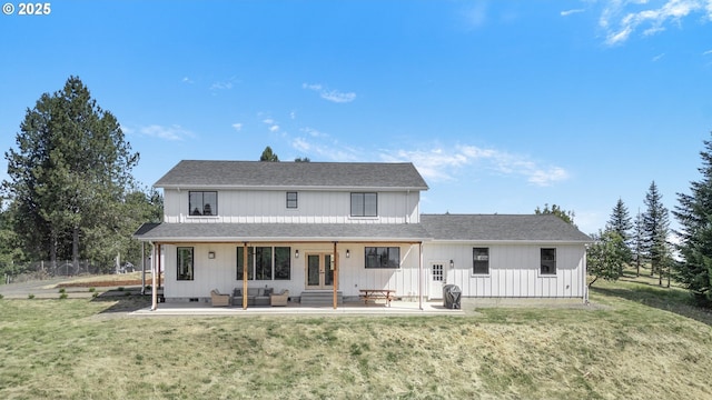 25053 Larson Rd, Monroe, OR 97456 - rear view of house featuring french doors, a yard, a patio area, an outdoor living space, and entry steps