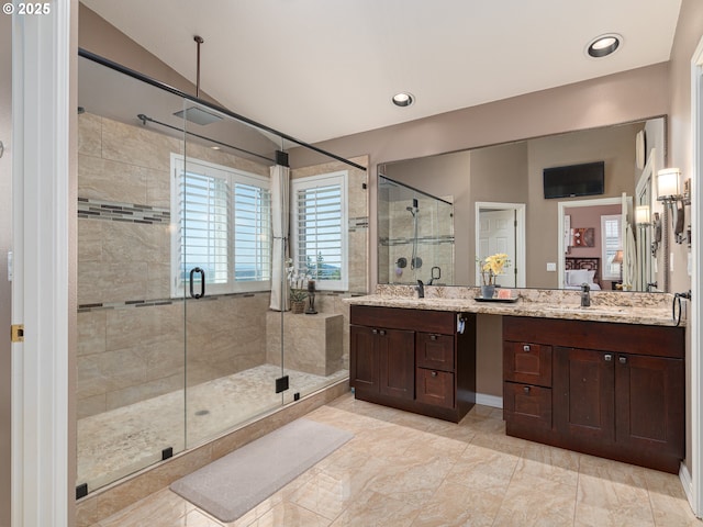8833 SE Bristol Park Dr, Happy Valley, OR 97086 - bathroom featuring double vanity, a shower stall, recessed lighting, and connected bathroom