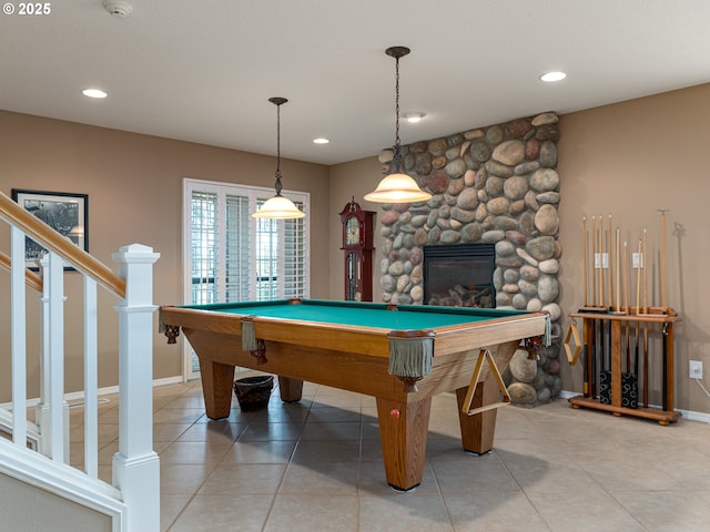 8833 SE Bristol Park Dr, Happy Valley, OR 97086 - game room with light tile patterned floors, pool table, recessed lighting, and a stone fireplace