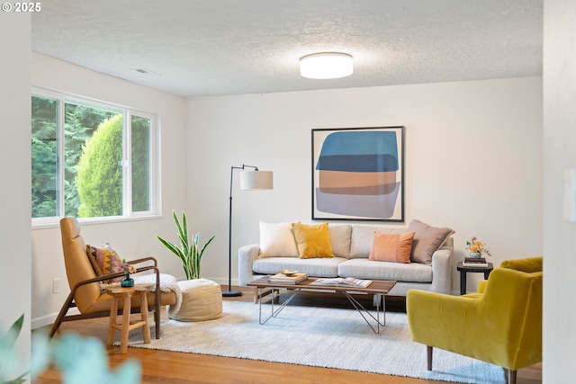 10258 N Allegheny Ave, Portland, OR 97203 - living room featuring a textured ceiling, wood finished floors, and baseboards
