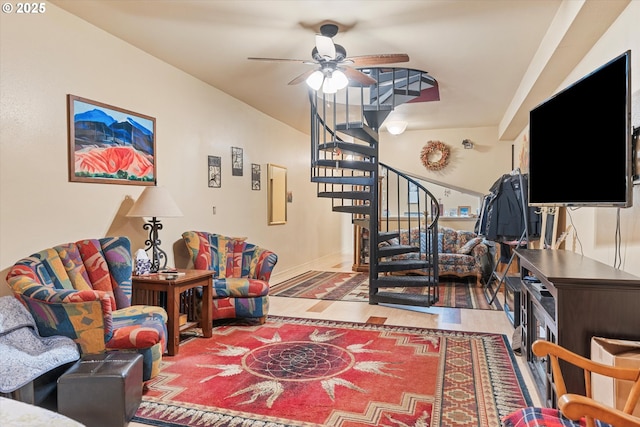 living room featuring ceiling fan