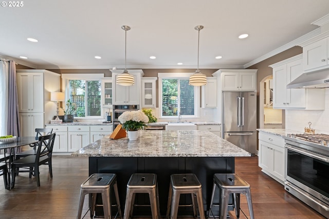 kitchen with crown molding, a kitchen island, under cabinet range hood, a sink, and stainless steel appliances