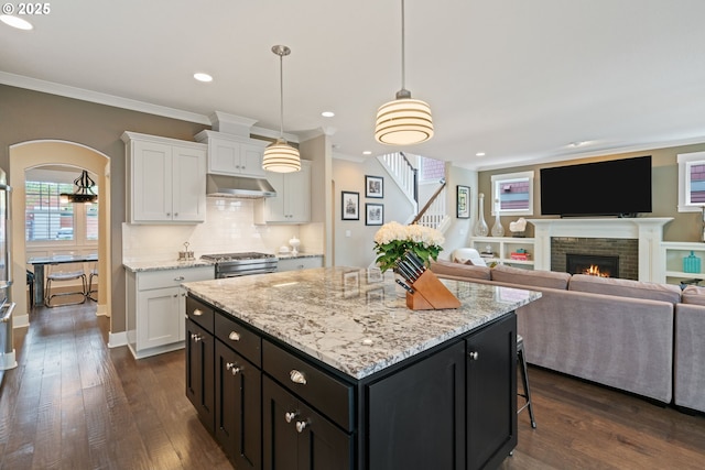 kitchen featuring crown molding, white cabinetry, dark wood-style flooring, and a kitchen island