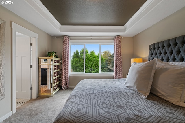 bedroom with carpet flooring, ornamental molding, and a raised ceiling