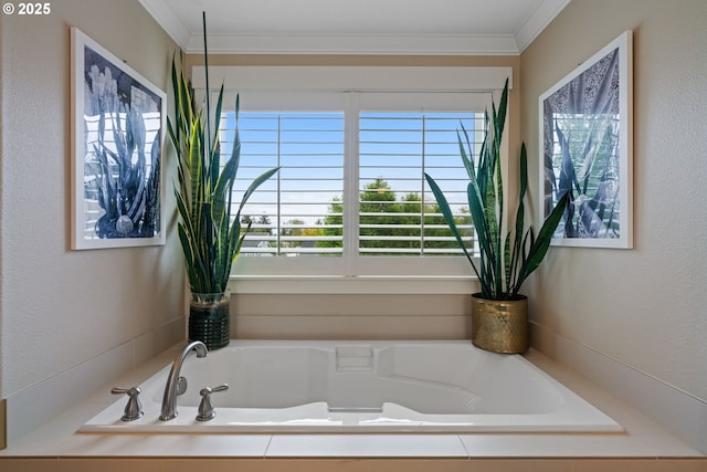 bathroom with ornamental molding and a bath