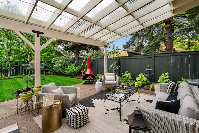 view of patio / terrace with an outdoor living space, a fenced backyard, and a wooden deck
