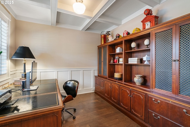 home office featuring wainscoting, coffered ceiling, dark wood finished floors, and beam ceiling
