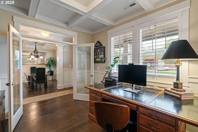 office with coffered ceiling, visible vents, dark wood finished floors, beamed ceiling, and a decorative wall