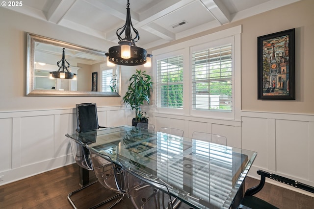 dining area featuring visible vents, coffered ceiling, a decorative wall, and a wainscoted wall