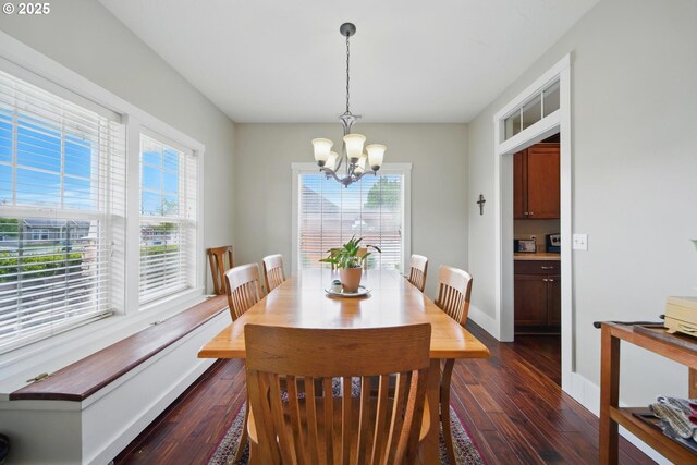 dining room with baseboards, a chandelier, a wealth of natural light, and dark wood-style floors