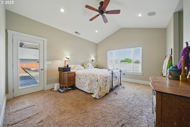 carpeted bedroom with visible vents, access to exterior, recessed lighting, baseboards, and vaulted ceiling