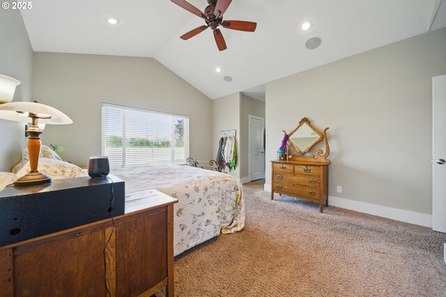 bedroom featuring ceiling fan, light colored carpet, vaulted ceiling, baseboards, and recessed lighting