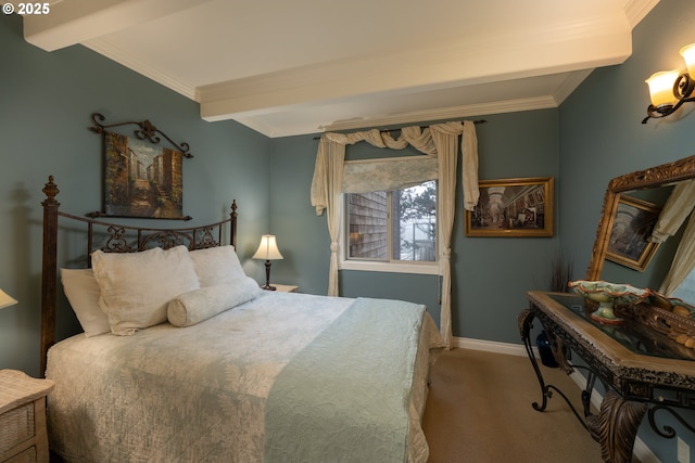 bedroom featuring ornamental molding, carpet flooring, and beam ceiling