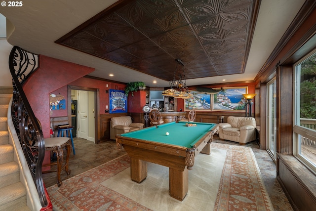 rec room with crown molding, indoor bar, pool table, and a tray ceiling